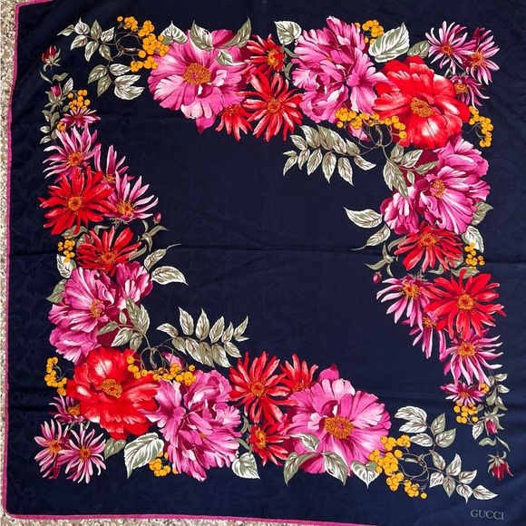 Gucci Navy and Pink Floral Silk Scarf - Picture 1 of 3